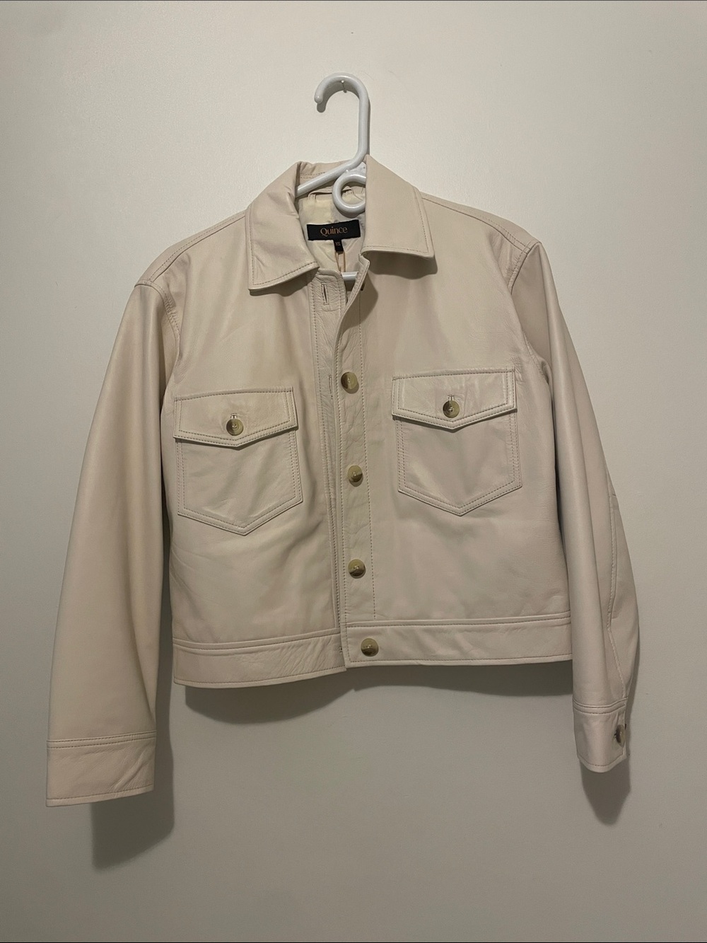 Quince Cream-White Leather Button-Front Jacket